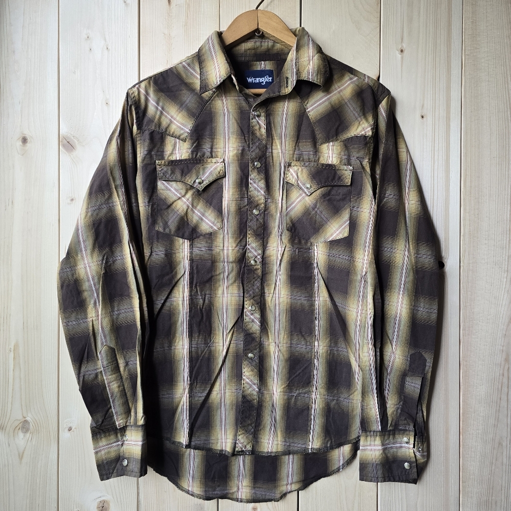 Wrangler Western Long Sleeve Pearl Snap Button Up Plaid Shirt Mens